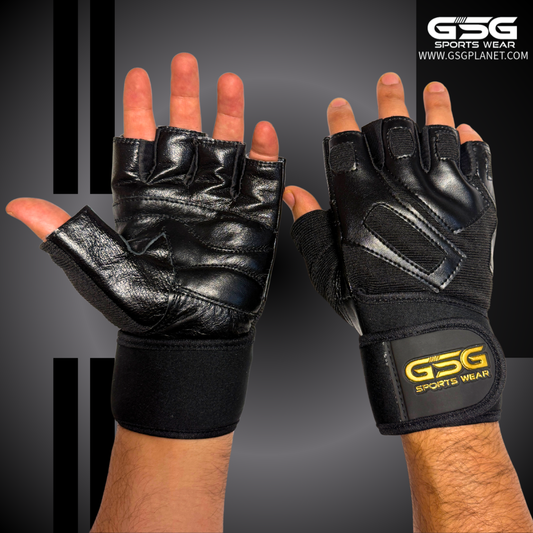 GSG PowerGrip Leather Gym Gloves with Wrist Support – Black