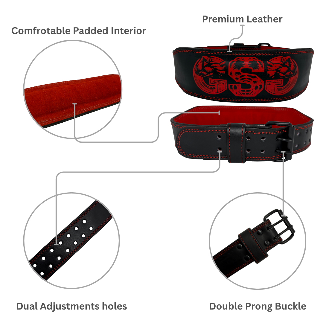 GSG Pro Gym Leather Belt - Double Prong - Black & Red Edition