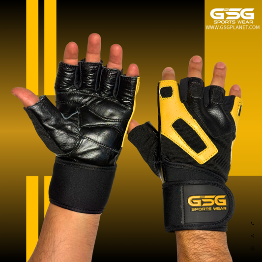 GSG PowerGrip Leather Gym Gloves with Wrist Support – Yellow/Black
