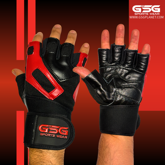 GSG PowerGrip Leather Gym Gloves with Wrist Support – Red/Black