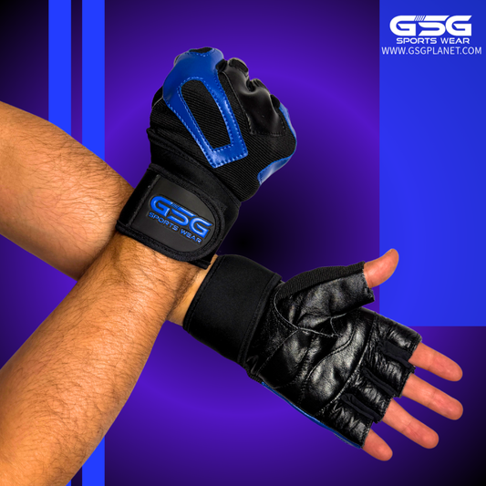 GSG PowerGrip Leather Gym Gloves with Wrist Support – Blue/Black