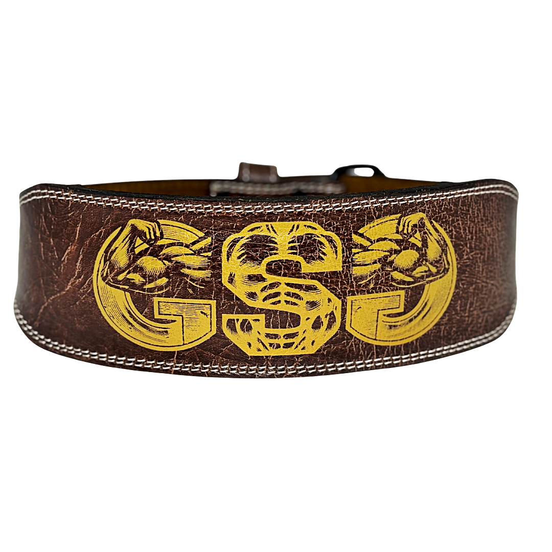 GSG Pro Gym Leather Belt Double Prong Brown Gold Edition