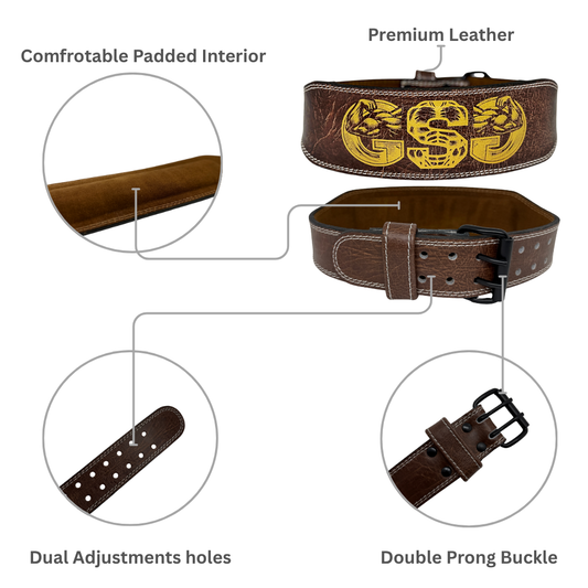 GSG Pro Gym Leather Belt Double Prong Brown Gold Edition