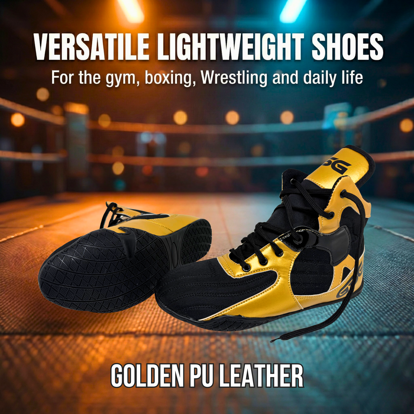 Professional Gym Wrestling and Boxing Shoes Lightweight Ankle Support Golden PU Leather