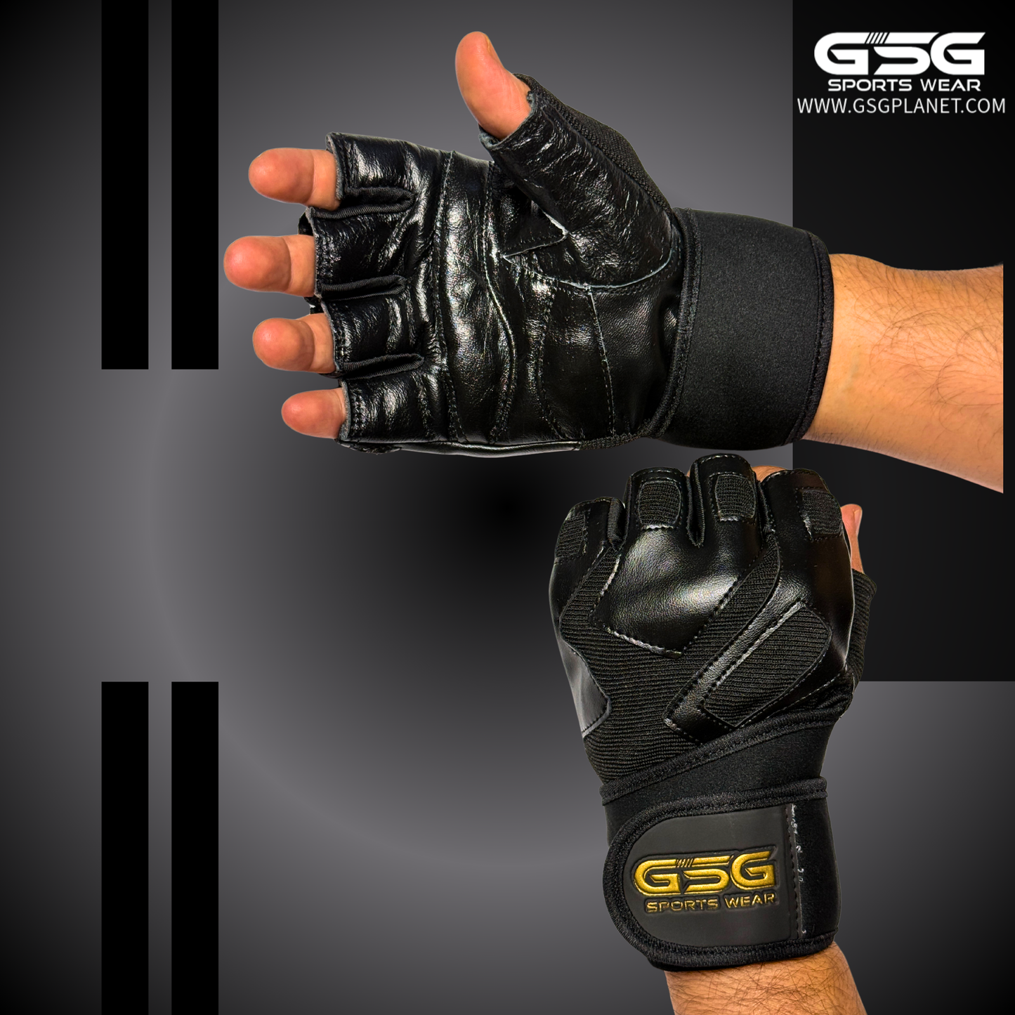 GSG PowerGrip Leather Gym Gloves with Wrist Support – Black