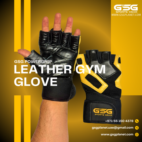 GSG PowerGrip Leather Gym Gloves with Wrist Support – Yellow/Black