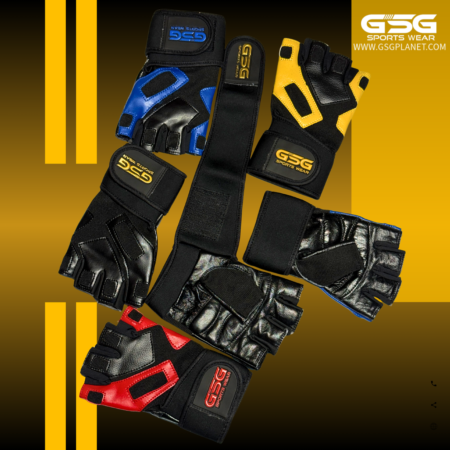 GSG PowerGrip Leather Gym Gloves with Wrist Support – Yellow/Black