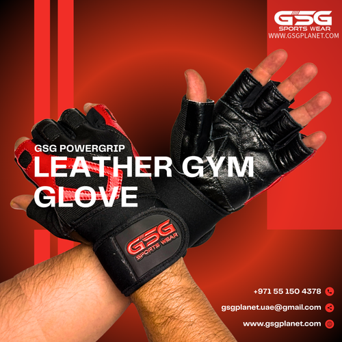 GSG PowerGrip Leather Gym Gloves with Wrist Support – Red/Black