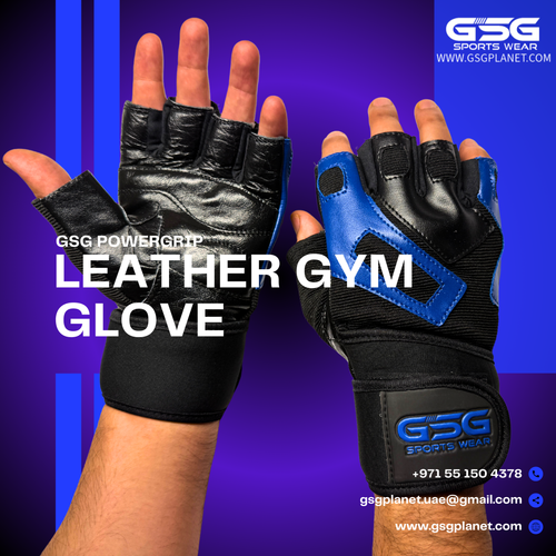 GSG PowerGrip Leather Gym Gloves with Wrist Support – Blue/Black