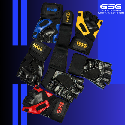GSG PowerGrip Leather Gym Gloves with Wrist Support – Blue/Black