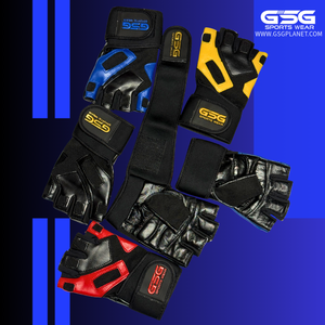 GSG PowerGrip Leather Gym Gloves with Wrist Support – Blue/Black