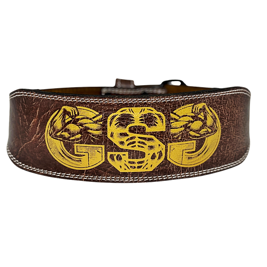 GSG Pro Gym Leather Belt Double Prong Brown Gold Edition
