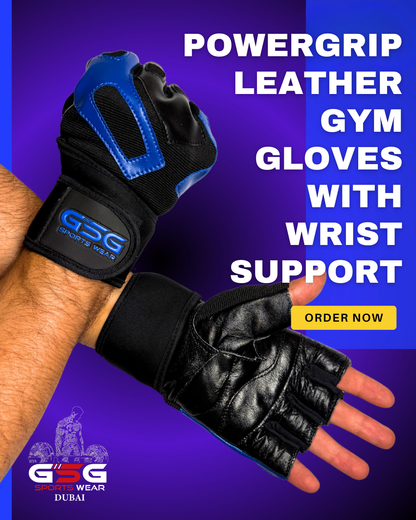 GSG PowerGrip Leather Gym Gloves with Wrist Support – Blue/Black