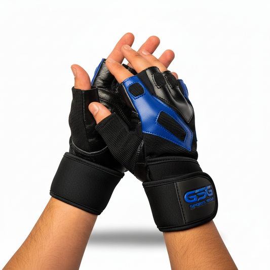 GSG PowerGrip Leather Gym Gloves with Wrist Support – Blue/Black