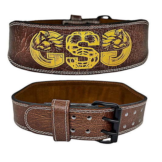 GSG Pro Gym Leather Belt Double Prong Brown Gold Edition