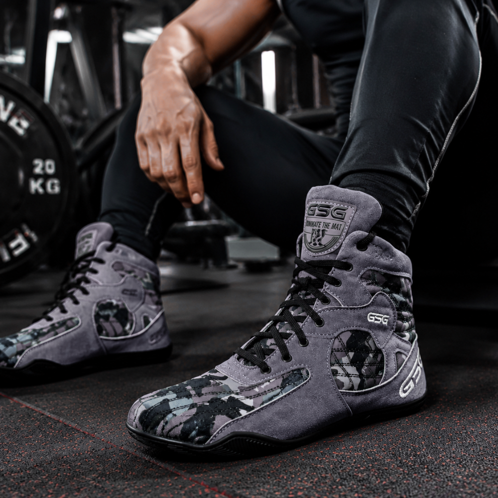 Professional Gym Wrestling & Boxing Shoes | Lightweight Leather Training Shoes with Ankle Support (Grey))
