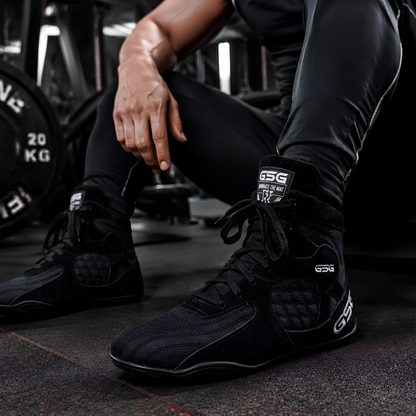 Professional Gym Wrestling & Boxing Shoes | Lightweight Leather Training Shoes with Ankle Support (Black)