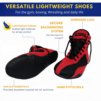 Professional Gym Wrestling and Boxing Shoes Lightweight Ankle Support Red Black Amara Leather