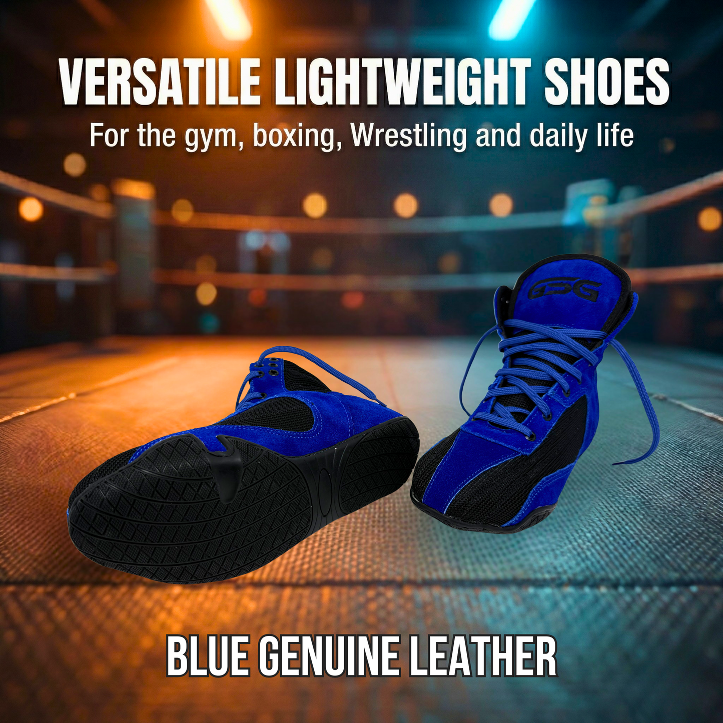 Professional Gym Wrestling and Boxing Shoes Lightweight Ankle Support Blue Genuine Leather