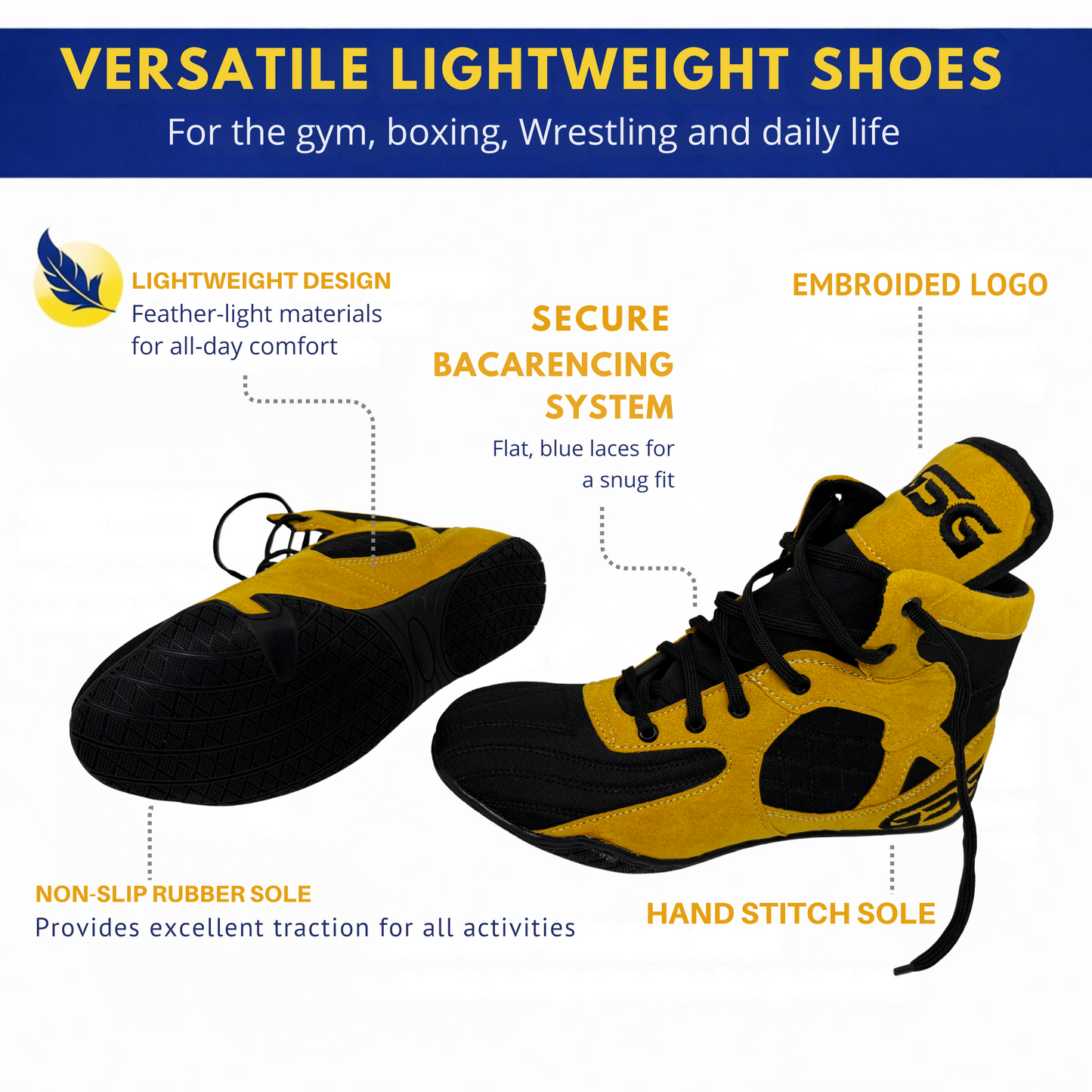 Professional Gym Wrestling and Boxing Shoes Lightweight Ankle Support Golden Black Amara Leather