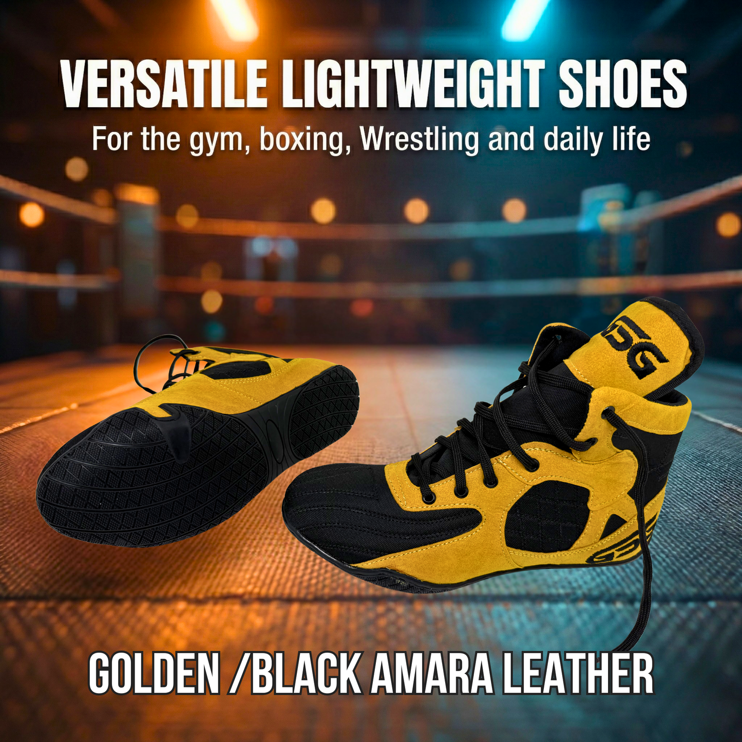 Professional Gym Wrestling and Boxing Shoes Lightweight Ankle Support Golden Black Amara Leather
