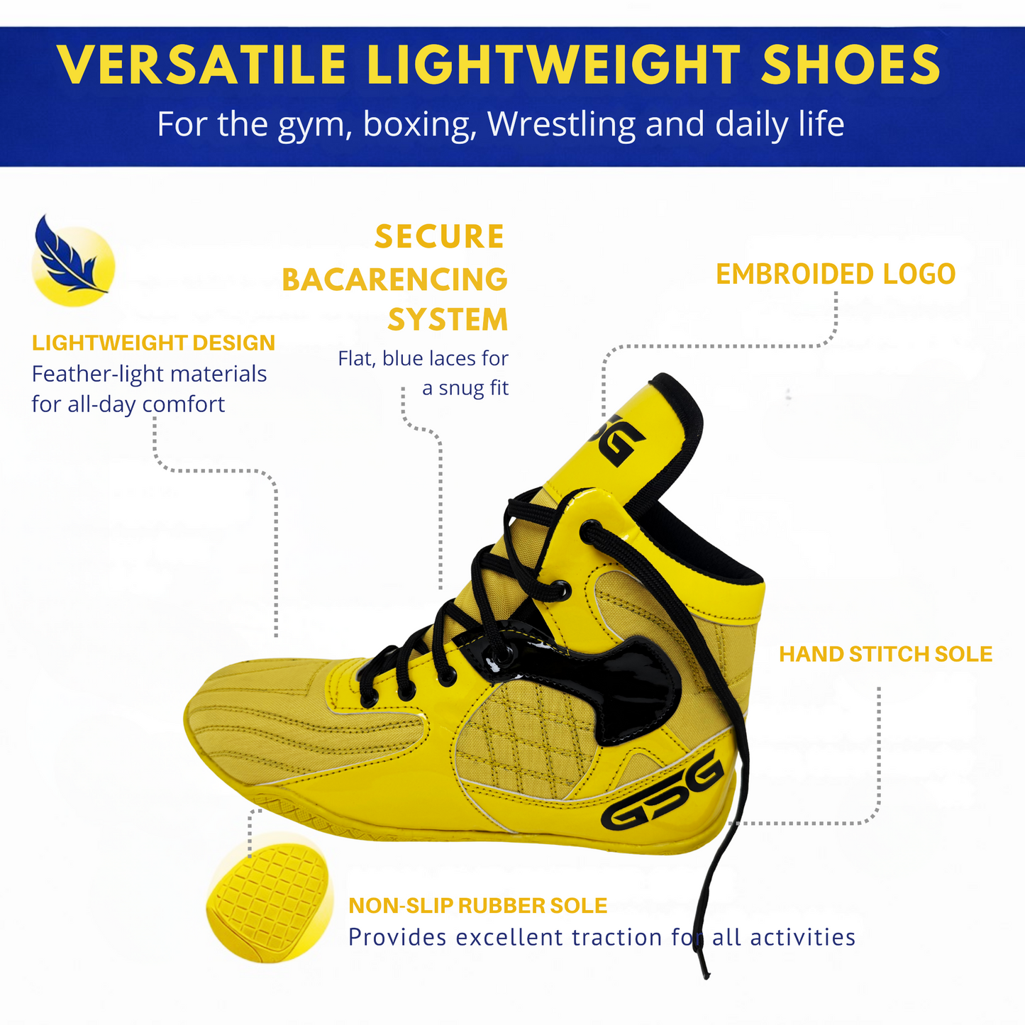 Professional Gym Wrestling and Boxing Shoes Lightweight Ankle Support Yellow Black PU Leather