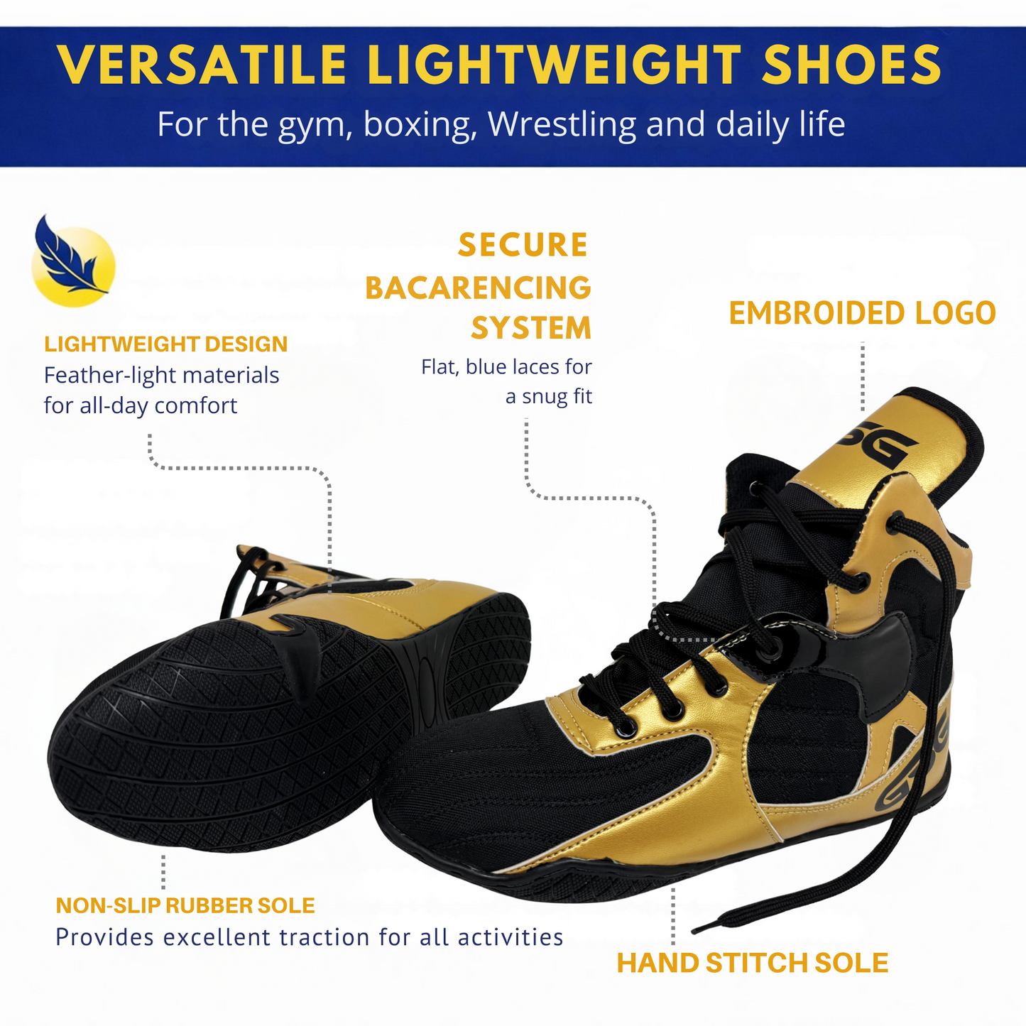 Professional Gym Wrestling and Boxing Shoes Lightweight Ankle Support Golden PU Leather