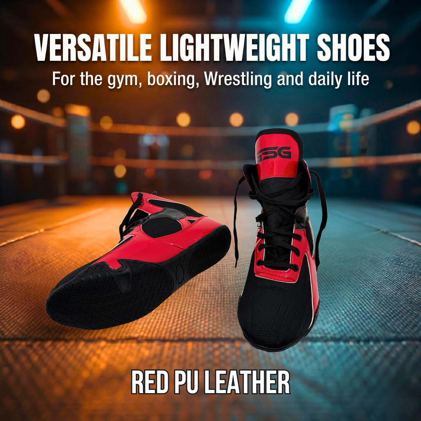 Professional Gym Wrestling and Boxing Shoes Lightweight Ankle Support Red PU Leather
