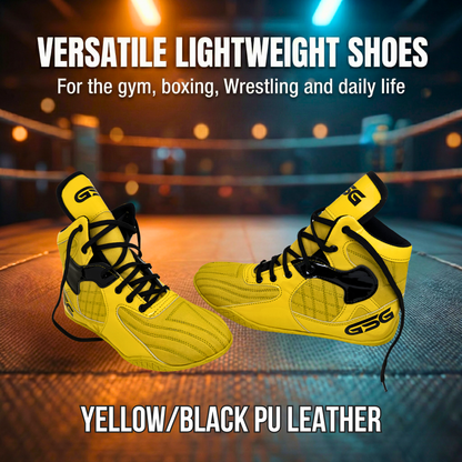 Professional Gym Wrestling and Boxing Shoes Lightweight Ankle Support Yellow Black PU Leather